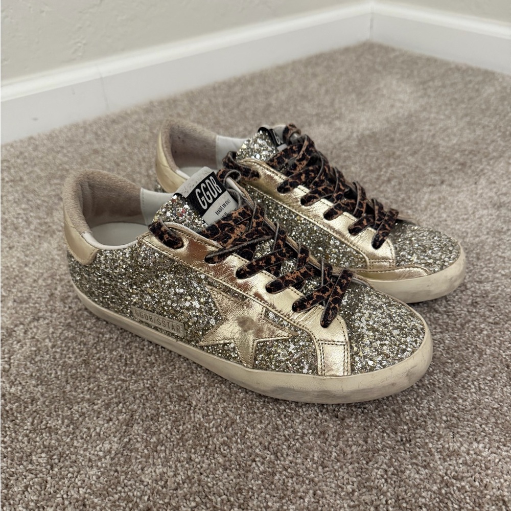 Golden Goose Gold Glitter Low-Top Sneakers with Leopard Laces